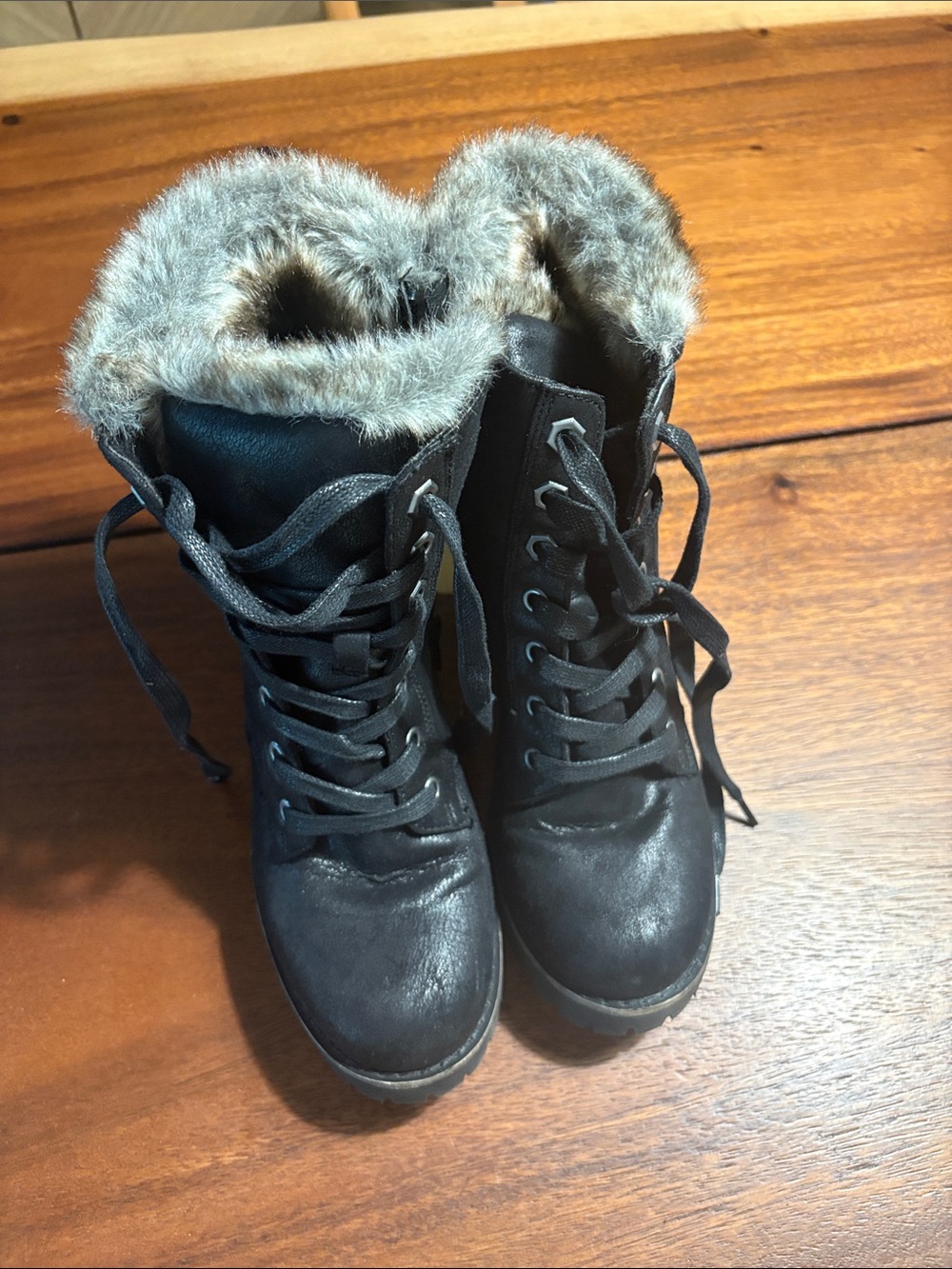 Steve Madden Black Lace-Up Faux Fur Trim Boots